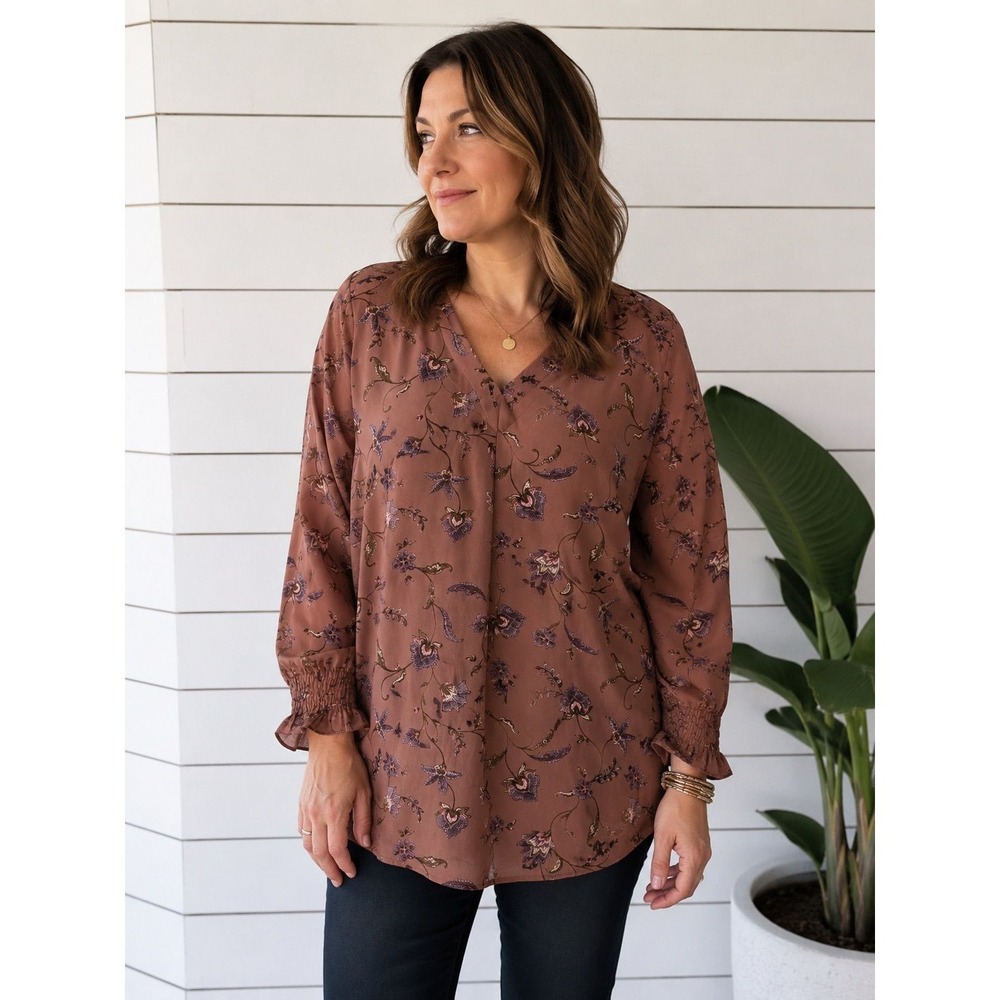 Size XL - Mauve Floral V-Neck Smocked Cuffs Blouse